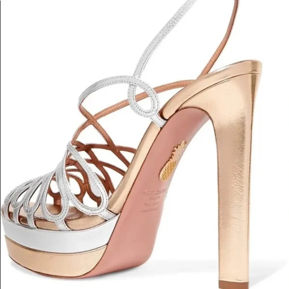 New AQUAZZURA Monroe Plateau 130 Two-Tone Metallic Leather Platform Sandals